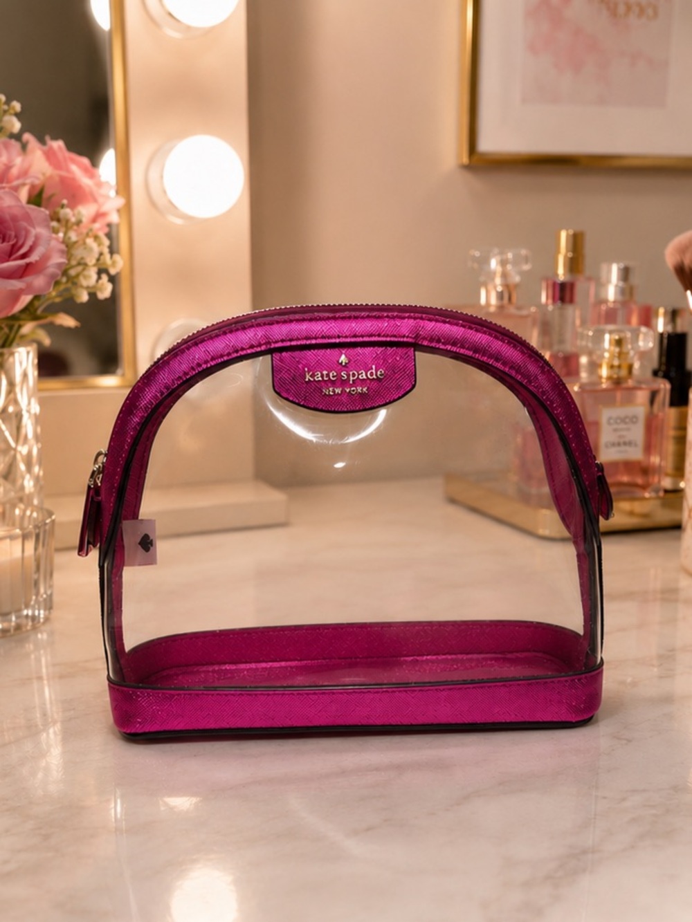 Kate Spade Clear Cosmetic Pouch with Metallic Fuchsia Trim